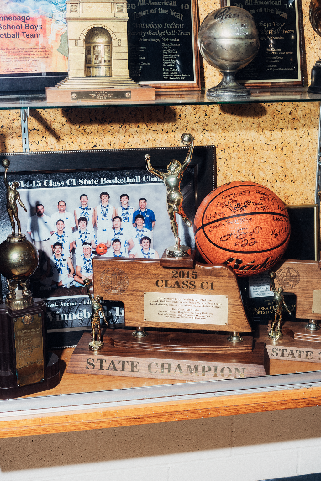 <strong>TROPHIES WON BY</strong> the Winnebago Indians on display at Winnebago High School in Nebraska.