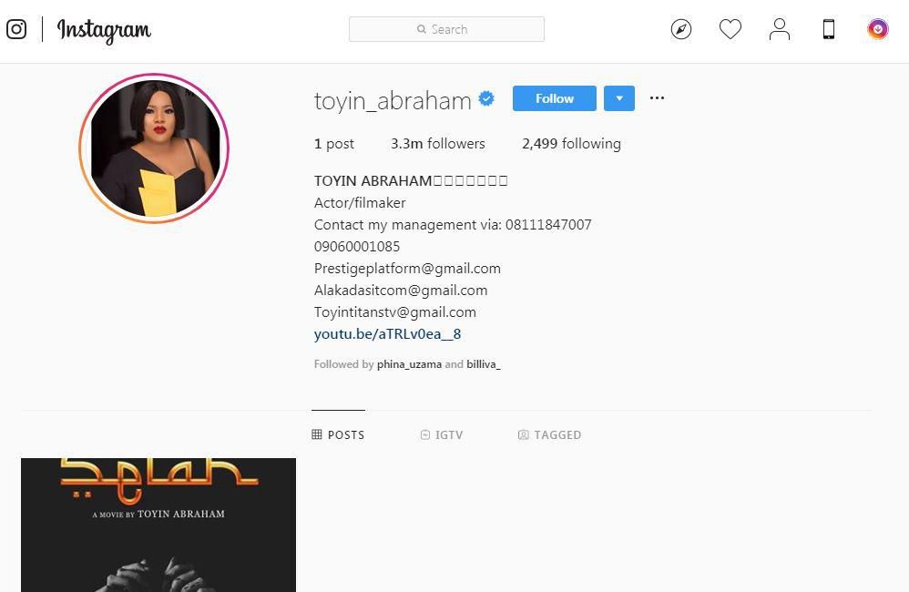 Before her decision to take down all her photos, Toyin had one of the most beautiful and active Instagram pages with over 3.3 million followers. [Instagram/ToyinAimakhu]