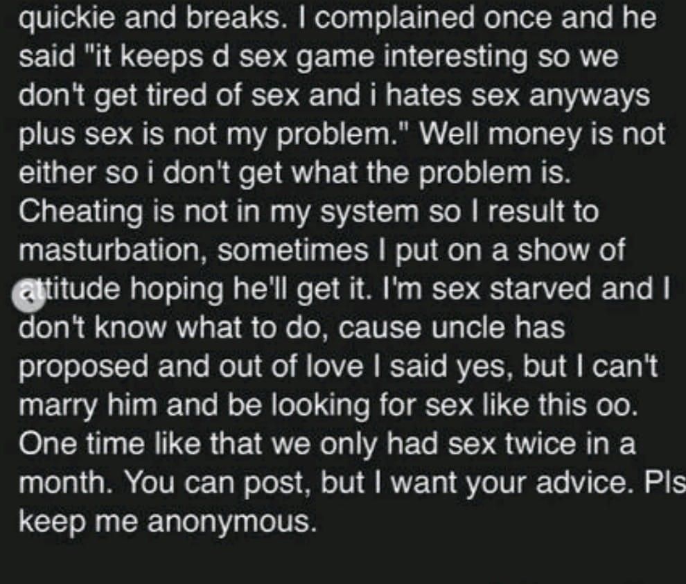 “I’m engaged to a man who hates sex, masturbation is what’s saving me” – Woman seeks advice