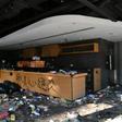A badly damaged Starbucks inside Hong Kong's Polytechnic University