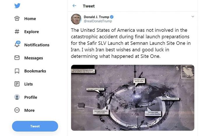 A tweet from US President Donald Trump shows an image of an apparent failed rocket lauch at the Semnan Space Center in northern Iran