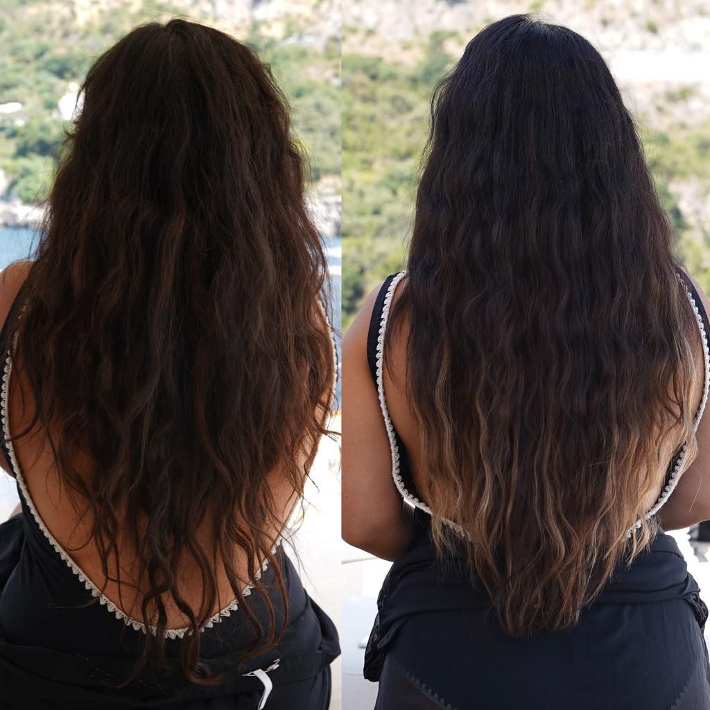 My natural hair before I-tip extensions (left), and after (right). Hello, highlights!