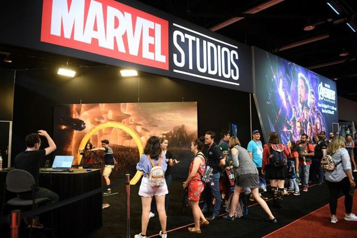 Attendees visit the Marvel Studios booth at the D23 Expo, billed as the "largest Disney fan event in the world," August 23, 2019 at the Anaheim Convention Center in California