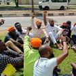 Sowore supporters protesting at the headquarters of the DSS on Saturday, after the security agency refused to release him. (TheCable)