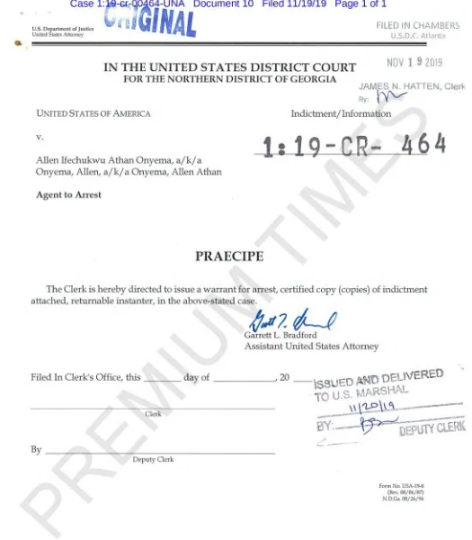 US Court's warrant of arrest for Allen Onyema. (Premium times)