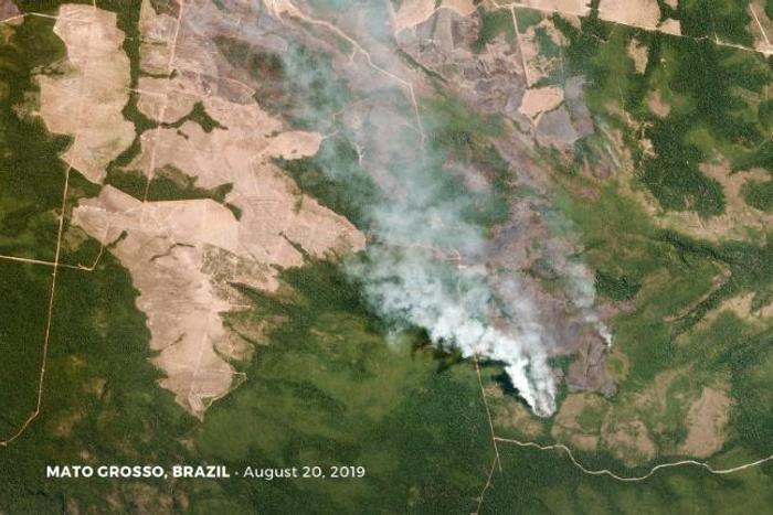 This satellite picture from Planet Labs, Inc shows smoke from fires in Brazil's Mato Grosso state