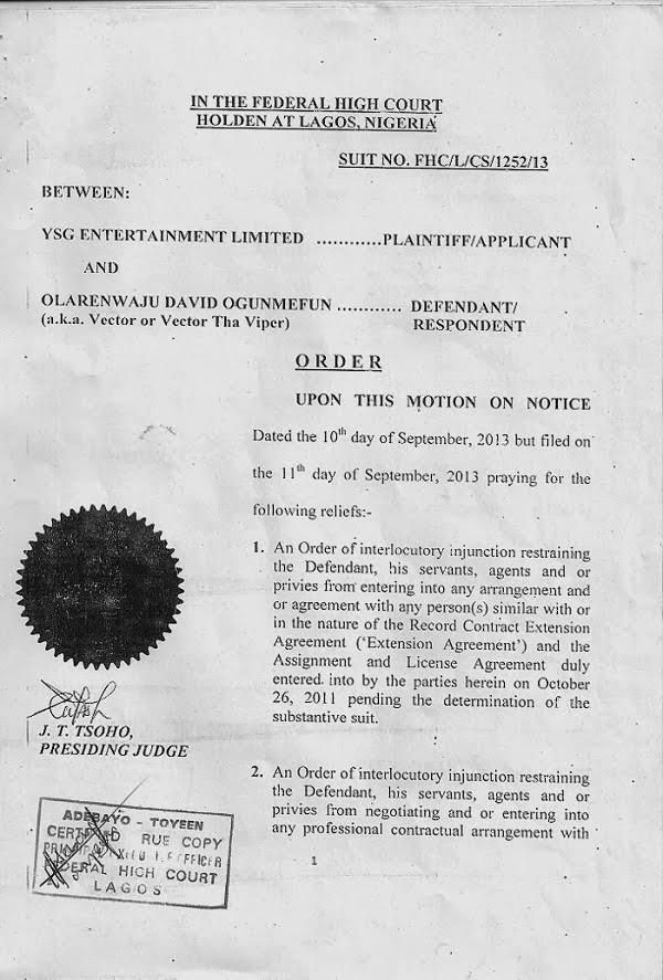 Injunction filed against Vector by YSG Entertainment. (Nigerian Films)