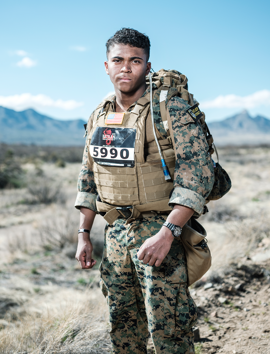<strong>Caden Cooper,</strong> a 17-year-old aspiring marine, Chicago (individual ROTC male light). "On my pac, I carry the names of fallen soldiers from the 2nd Reconnaissance Battalion. Some were family friends."