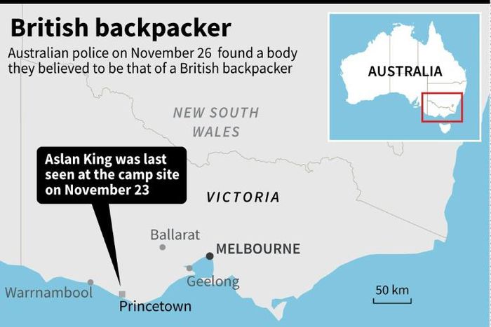 Map showing Victoria in Australia where a body was found on November 26, believed to be that of a missing British backpacker.
