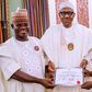 The re-elected Governor of Kogi, Yahaya Bello presented his Certificate of Return to President Muhammadu Buhari in the presence of Adams Oshiomhole, National Chairman of the All Progressives Congress (APC). [Twitter/@BashirAhmaad]
