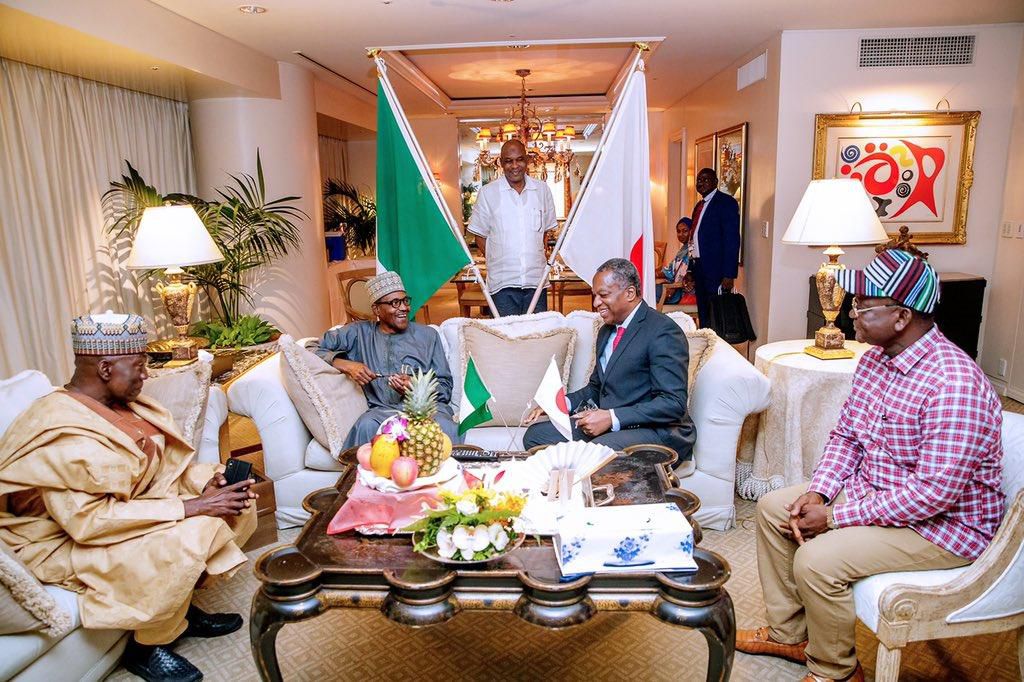President Muhammadu Buhari with Governor Samuel Ortom of Benue State, Minister of Foreign Affairs, Geoffrey Onyeama and Nigerian Ambassador to Japan Amb. Mohammed Gana Yisa after his arrival in Japan ahead of the 7th Tokyo International Conference on A...