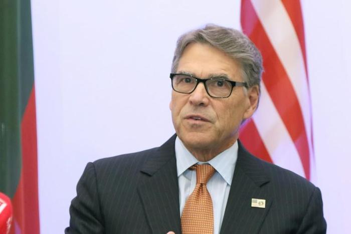 US Secretary of Energy Rick Perry delivers a statement after signing an agreement with Estonian, Lithuanian and Latvian counterparts on strengthening energy cooperation between the US and the Baltic States during a meeting in Vilnius, Lithuania, on Oct...