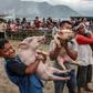 Contestants in a pig-catching competition show off their prize in Muara, Indonesia