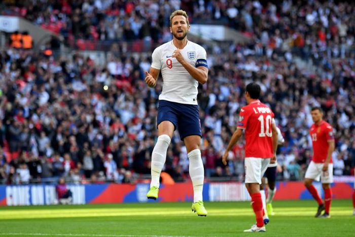 Harry Kane celebrates scoring England's second goal against Bulgaria