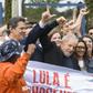 Former Brazilian President Luiz Inacio Lula da Silva gestures as he leaves the Federal Police Headquarters, where he was serving a sentence for corruption and money laundering, in Curitiba, Parana State, Brazil, on November 8, 2019