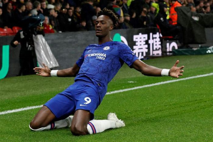 Chelsea's Tammy Abraham celebrates his opener in the win at Watford
