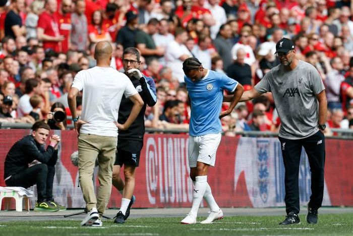 Manchester City winger Leroy Sane was forced off with a knee injury during Sunday's Community Shield victory