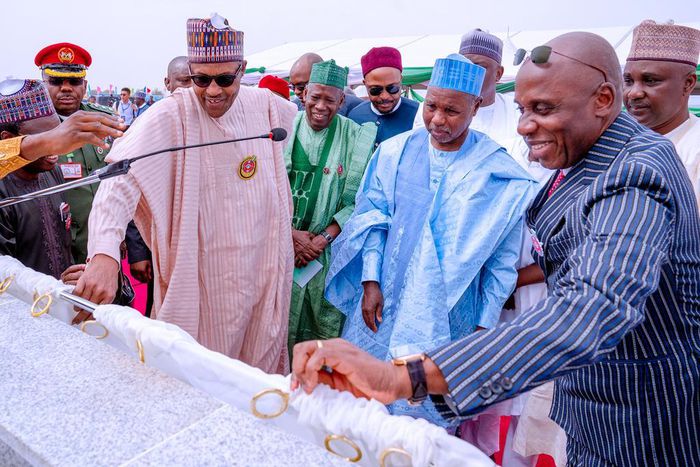President Muhammadu Buhari performs the groundbreaking ceremony for the construction of University of Transportation, Daura. [Twitter/@BayoOmoboriowo]
