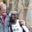 Eliud Kipchoge celebrates with Ineos owner Jim Ratcliffe after the Kenyan broke the two-hour marathon barrier in an event heavily sponsored by the petrochemicals company