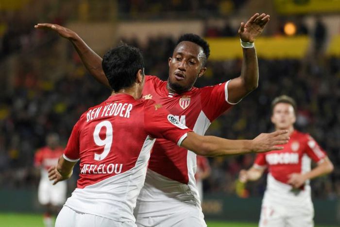 Monaco striker Wissam Ben Yedder celebrates his opener with teammate Gelson Martins