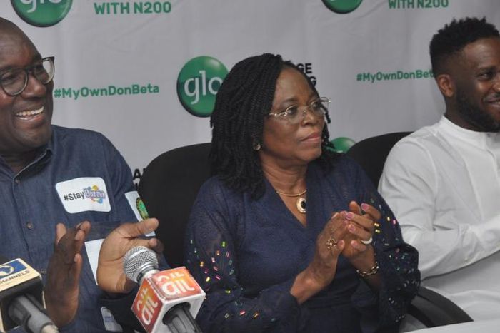 My Own Don Beta: L-R: Globacom’s Retail and Consumer Sales Chief, David Maji; Director, Consumer Affairs, Nigerian Communications Commission, Mrs Felicia Onwuegbuchulam; and Ex-International, Austin Jay Jay Okocha, at the launch of Globacom’s “Recharge...