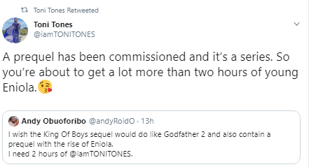 Toni Tones confirms a prequel to 'King of Boys' in a recent tweet. [Twitter/Toni Tones]