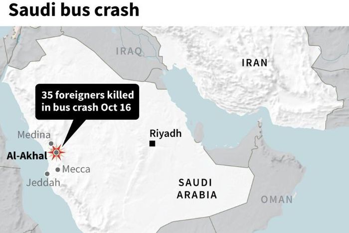 Map locating a fatal bus crash in Saudi Arabia on Wednesday.
