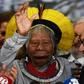 Brazilian indigenous leader Raoni Metuktire gestures during a press conference at the Brazilian Congress Lower House in Brasilia