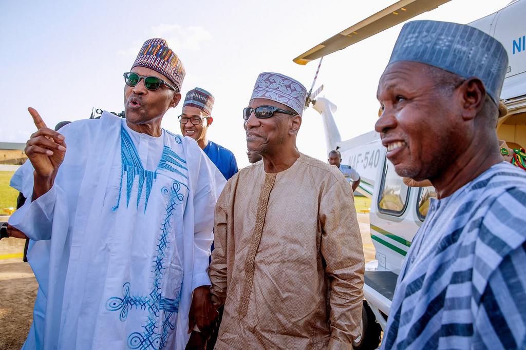 President Muhammadu Buhari, Guinean President Alpha Conde and Governor of Katsina state, Aminu Masari [Twitter/@BashirAhmaad]