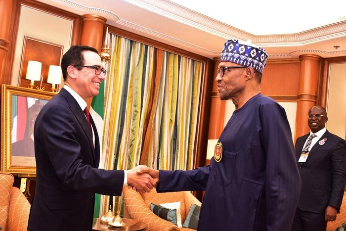 U.S Treasury Secretary, Steven Mnuchin and President Muhammadu Buhari [Twitter/@NGRPresident]