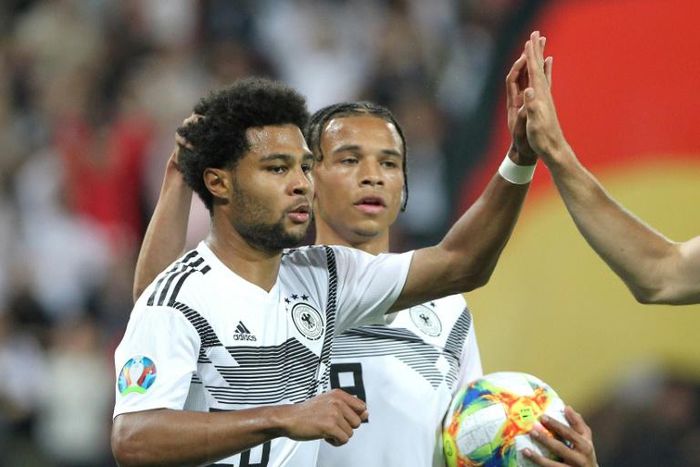 Germany winger Serge Gnabry (L) scored twice in June's 8-0 win over Estonia, but expects a tough away game in Tallinn in Sunday's Euro 2020 qualifier.