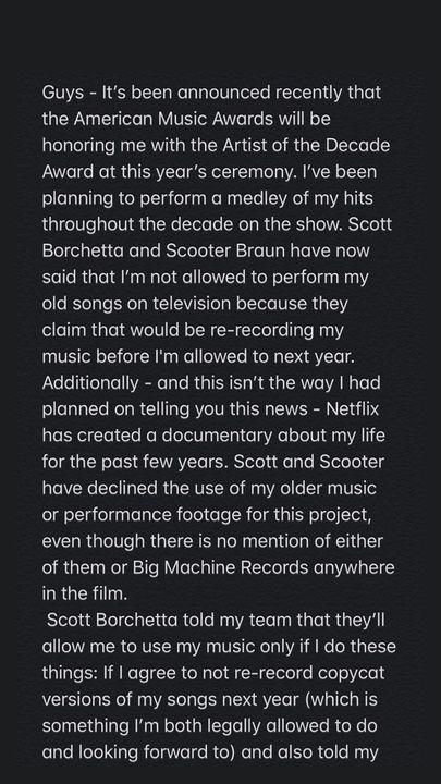 Taylor Swift accuses Scooter Braun and Scott Borchetta of preventing her from using her music. (Instagram/Taylor Swift)