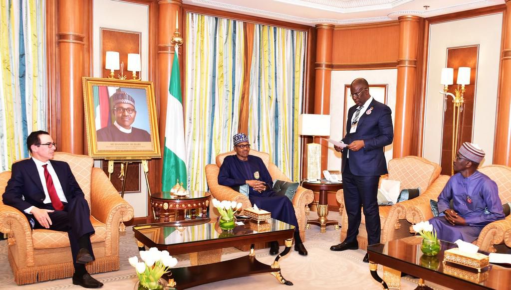 U.S Treasury Secretary, Steven Mnuchin and President Muhammadu Buhari [Twitter/@NGRPresident]
