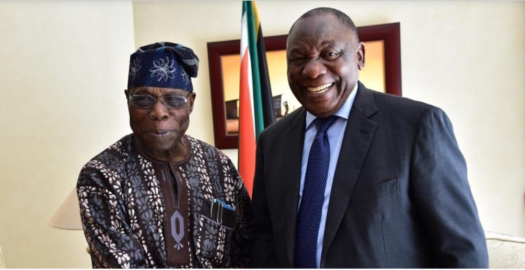 Former President of Nigeria, Olusegun Obasanjo and President Cyril Ramaphosa of South  Africa.  (Punch)