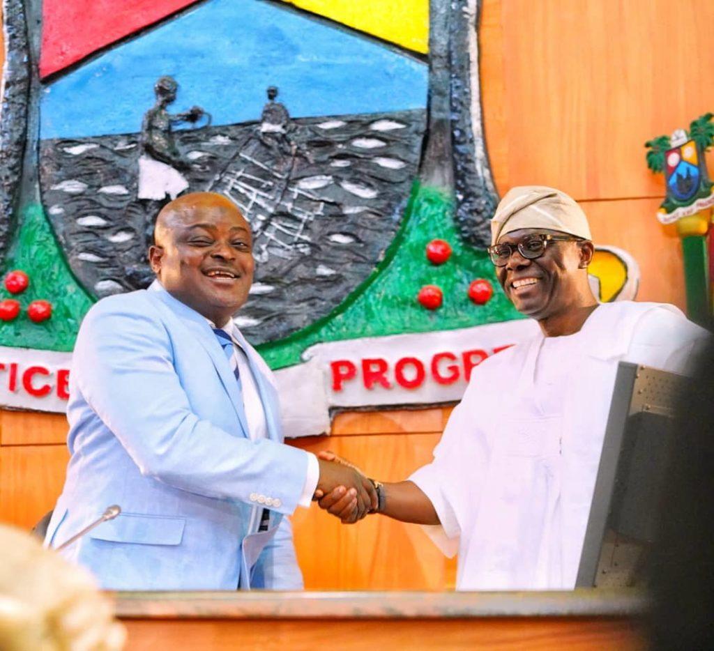 L-R: The Speaker of Lagos State House of Assembly, Mr Mudashiru Obasa and Lagos State Governor, Mr Babajide Sanwo-Olu during the presentation of proposed Year 2020 budget on Friday, Nov. 8, 2019. [NAN]