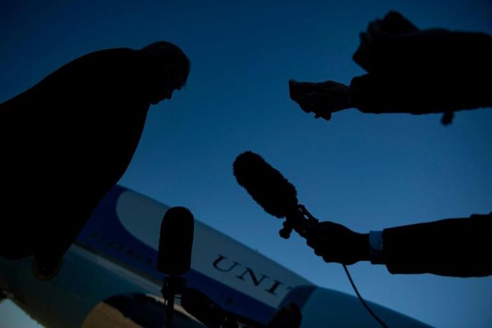 US President Donald Trump speaks to the press before boarding Air Force One at Andrews Air Force Base October 28, 2019, in Maryland en route to Chicago