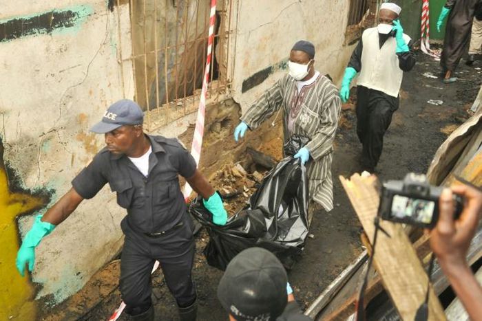 Dozens of bodies were taken from the school in bags