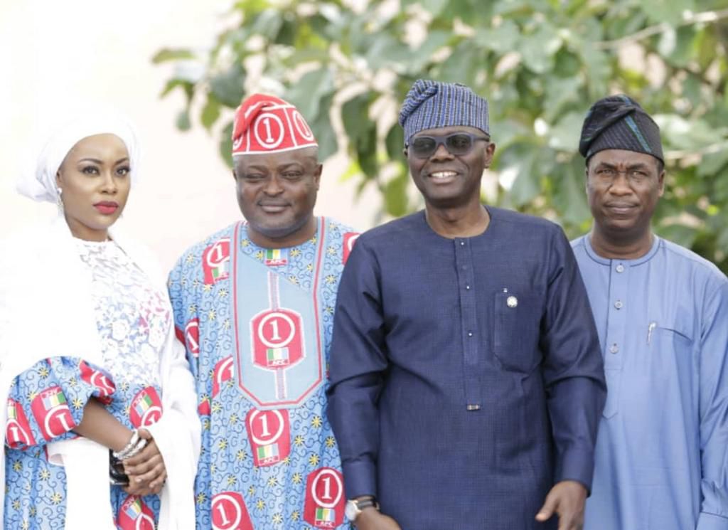 From R-L The Deputy Governor, Lagos State, Dr Obafemi Hamzat, the Lagos State Governor, Mr Babajide Sanwo-Olu, Speaker, Lagos State House of Assembly, Mr Mudashiru Obasa and his wife, Mrs Falilat Obasa at the Agege Victory Party on Sunday in Lagos. (21...