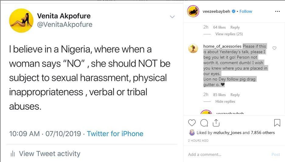 The fan had appealed to her not react to Omashola's statement after he was evicted from the reality TV show. [Instagram/VenitaAkpofure]
