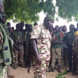 Maj.-Gen. Olusegun Adeniyi, the Theater Commander, Operation Lafiya Dole, addresses troops of the 5 Battalion, Gubio in Borno on Sunday [NAN]