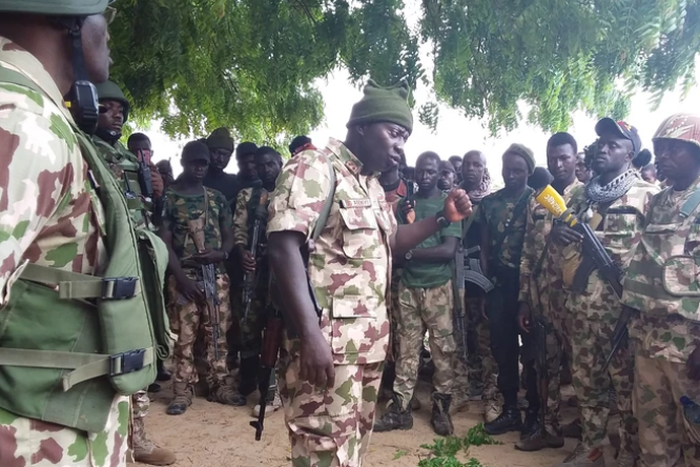 Maj.-Gen. Olusegun Adeniyi, the Theater Commander, Operation Lafiya Dole, addresses troops of the 5 Battalion, Gubio in Borno on Sunday [NAN]
