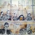A court sketch made on September 23, 2019, in a Paris courthouse shows, from left to right, Ines Madani, Ornella Gilligmann and Sarah Hervouet, arrested after a failed attempt to set off a car bomb at Notre-Dame Cathedral in Paris in September 2016.