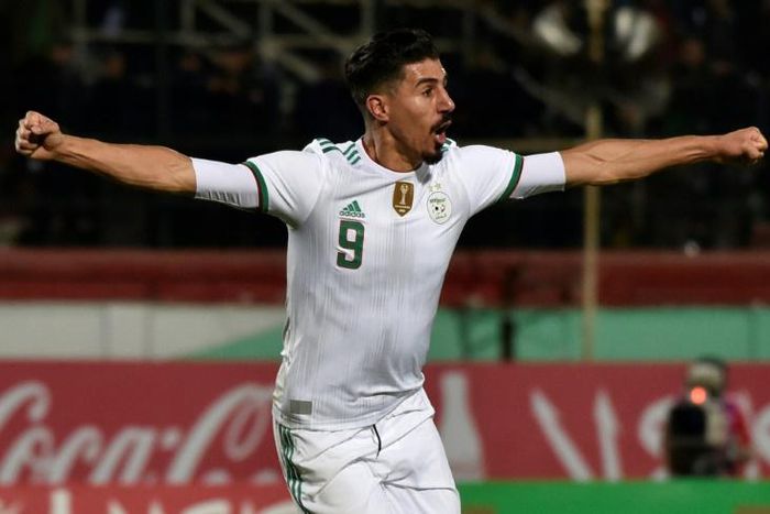Baghdad Bounedjah celebrates scoring for Algeria in a 5-0 Africa Cup of Nations qualifying triumph over Zambia in Blida Thursday
