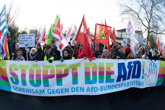 Thousands of protesters gathered outside the congress hall in the city of Braunschweig in a noisy demonstration against what they call a racist party