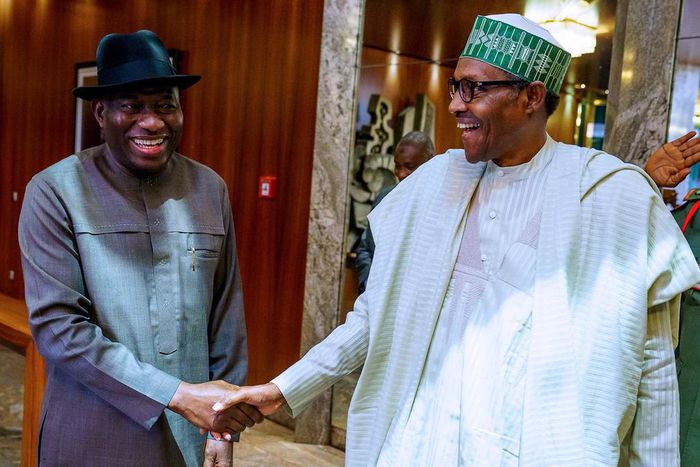 Former President Goodluck Jonathan (left) and President Muhammadu Buhari  [Twitter/@BashirAhmaad]