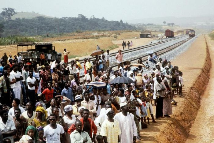 A file picture of the January 18, 1983 inauguration of part of Trans-Gabon Railway