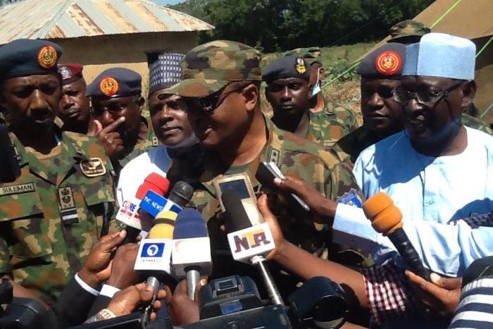 Air Marshal Sadeeq Abubakar speaking with Journlists during a facility tour to Zaria Industries Limited on Saturday, November 23, 2019 (NAN)