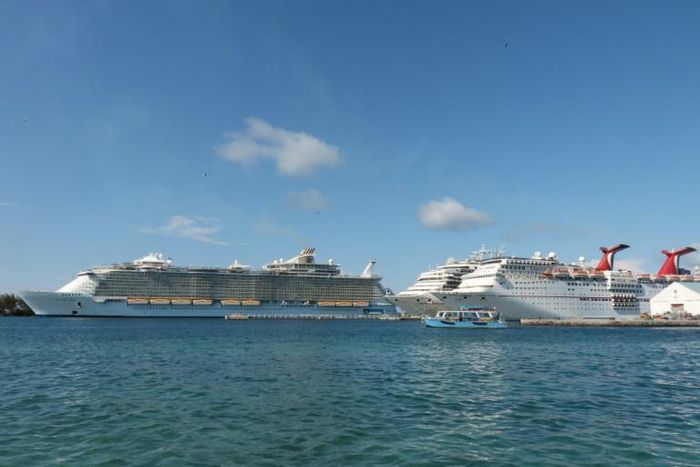 The Royal Caribbean ship Allure of the Seas (L) and Carnival Cruise ships Liberty and Elation are seen in Nassau, Bahamas in April 2019