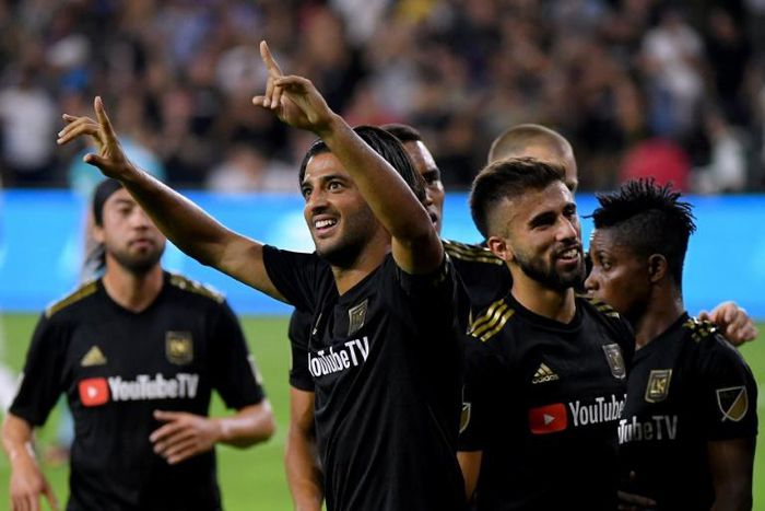 Carlos Vela celebrates his second goal for Los Angeles FC in a 5-3 victory over the Los Angeles Galaxy in the MLS Cup playoffs