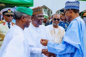 President Buhari, VP Osinbajo and former military ruler Gowon at the commemoration of Nigeria's 59th independence anniversary